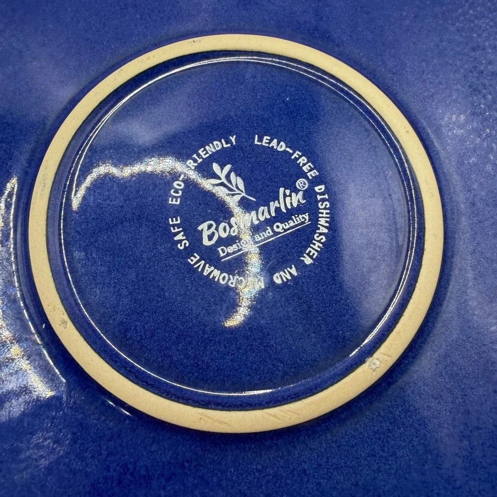 Bosmarlin Cobalt Blue‎ Stoneware Salad Plates Set of 2 Black Rim 8 Inch Ceramic